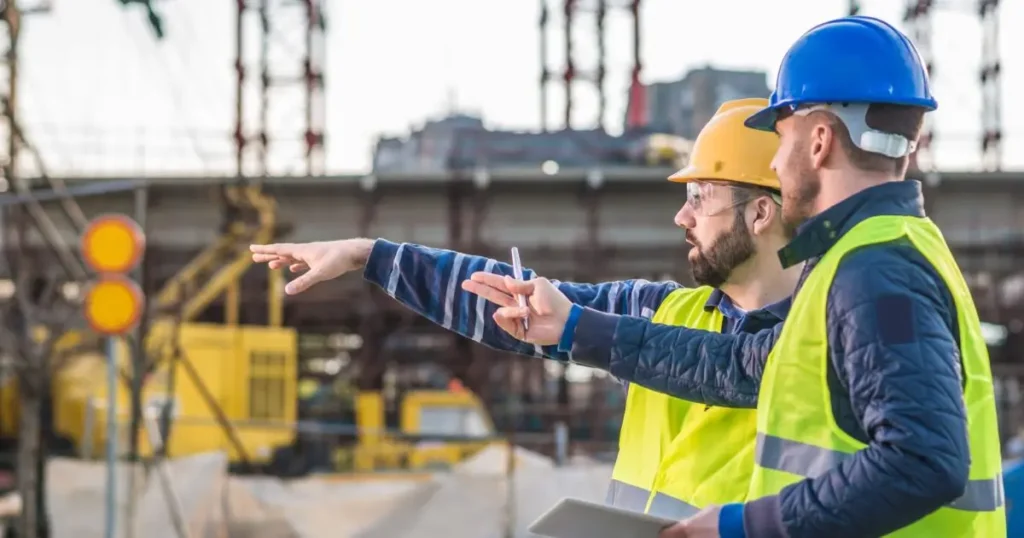 Pekerja proyek menggunakan alat pelindung diri lengkap sebagai bentuk penerapan pentingnya K3.